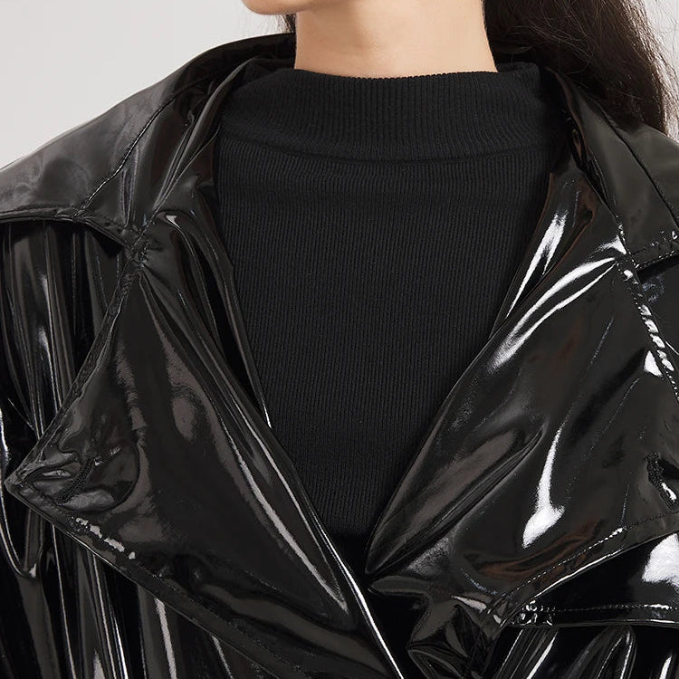 Spring Autumn Extra Long Black Shiny Reflective Soft Stretchy Patent Leather Trench Coat for Women Maxi Overcoat 2024