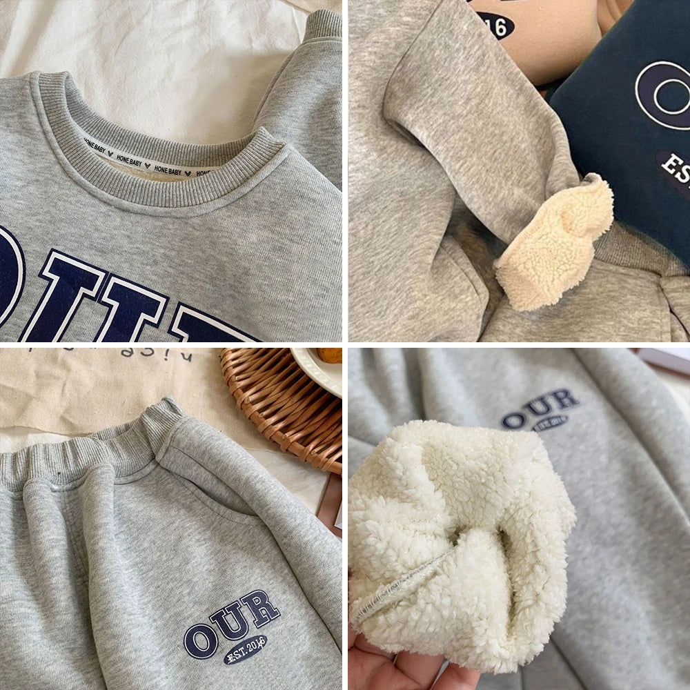 Boys and Girls' Plush Sweater Long Sleeved Pullover Sweater Korean Version Children's Sports Letter Printed Top