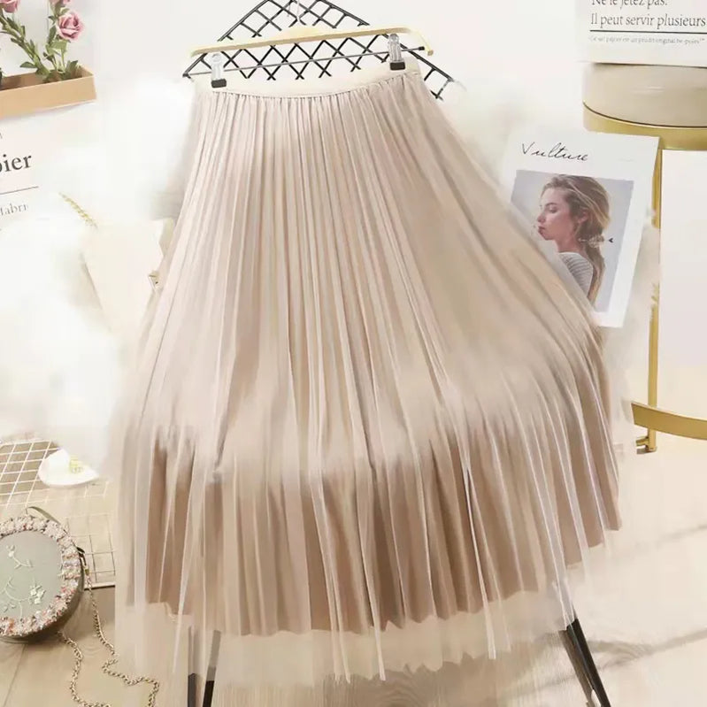 Both Sides Wear Pearls Mesh Skirt Women Summer Velvet High Waist Long Skirts Woman Solid Color A Line Pleated Skirts apricot no pearls One Size