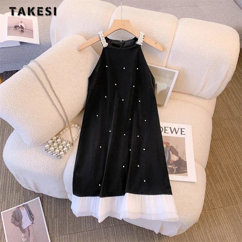 Women Sexy Casual Sleeveless Round Neck Patchwork Dresses  Summer Luxury Loose Fit High Waist Dot Print Camisole Dress