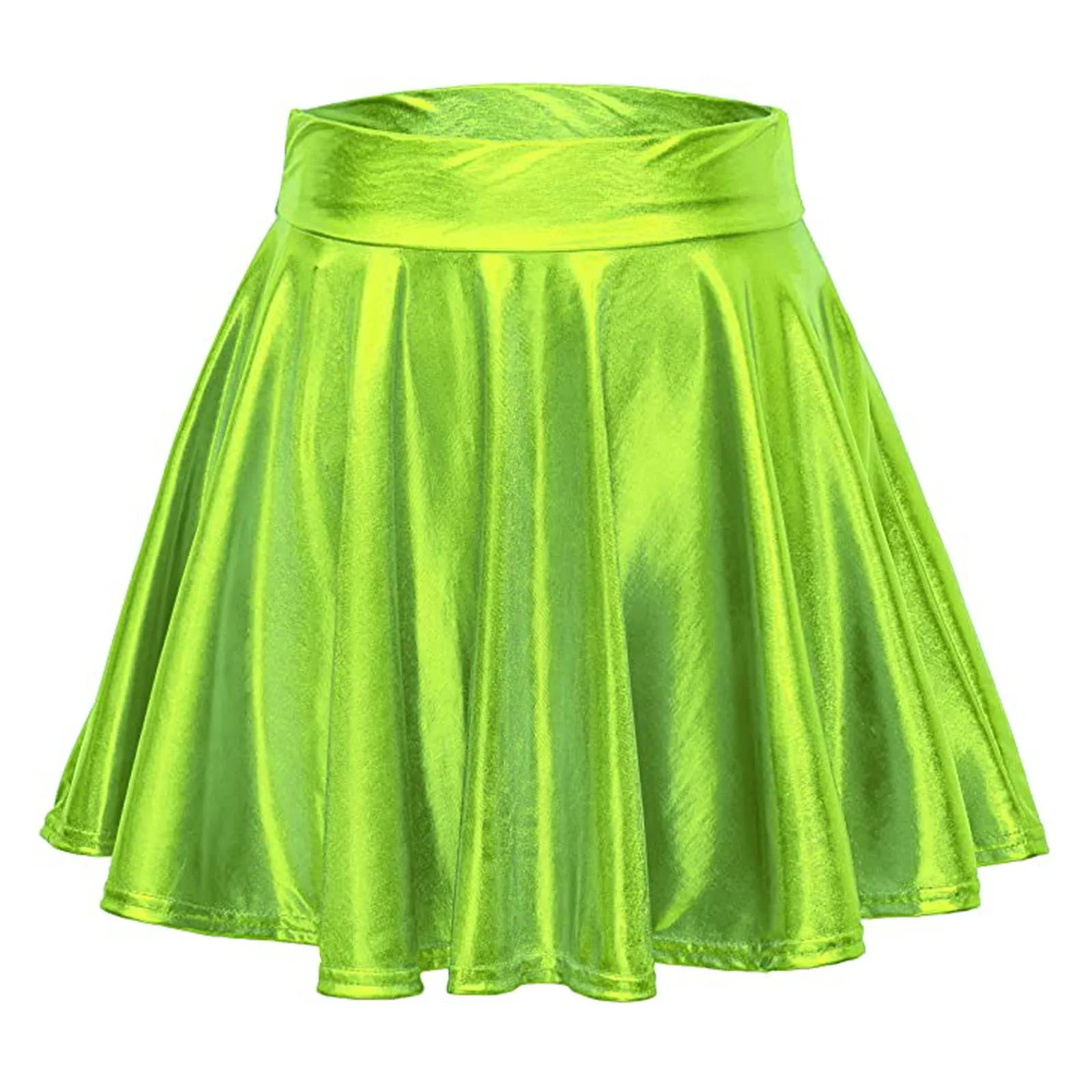 Women Shiny Metallic Pleated Skirt Stretchy High Waist A-Line Mini Skirts for Carnival Party Performance Nightclub Rave Dance Green