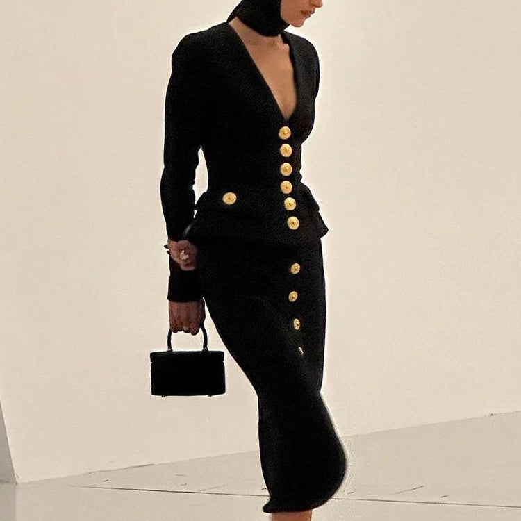 Woman Dress Sets New Chic Button Design Two Pieces Set Celebrity Party Club Bodycon Bandage Skirt Suits