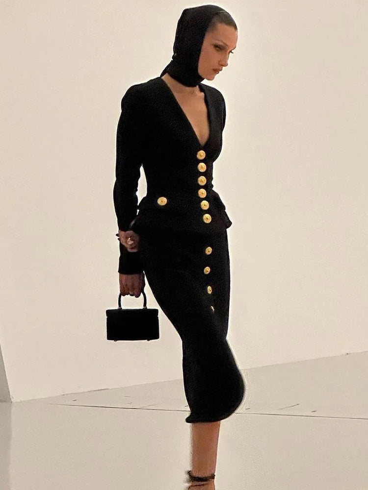 Woman Dress Sets New Chic Button Design Two Pieces Set Celebrity Party Club Bodycon Bandage Skirt Suits