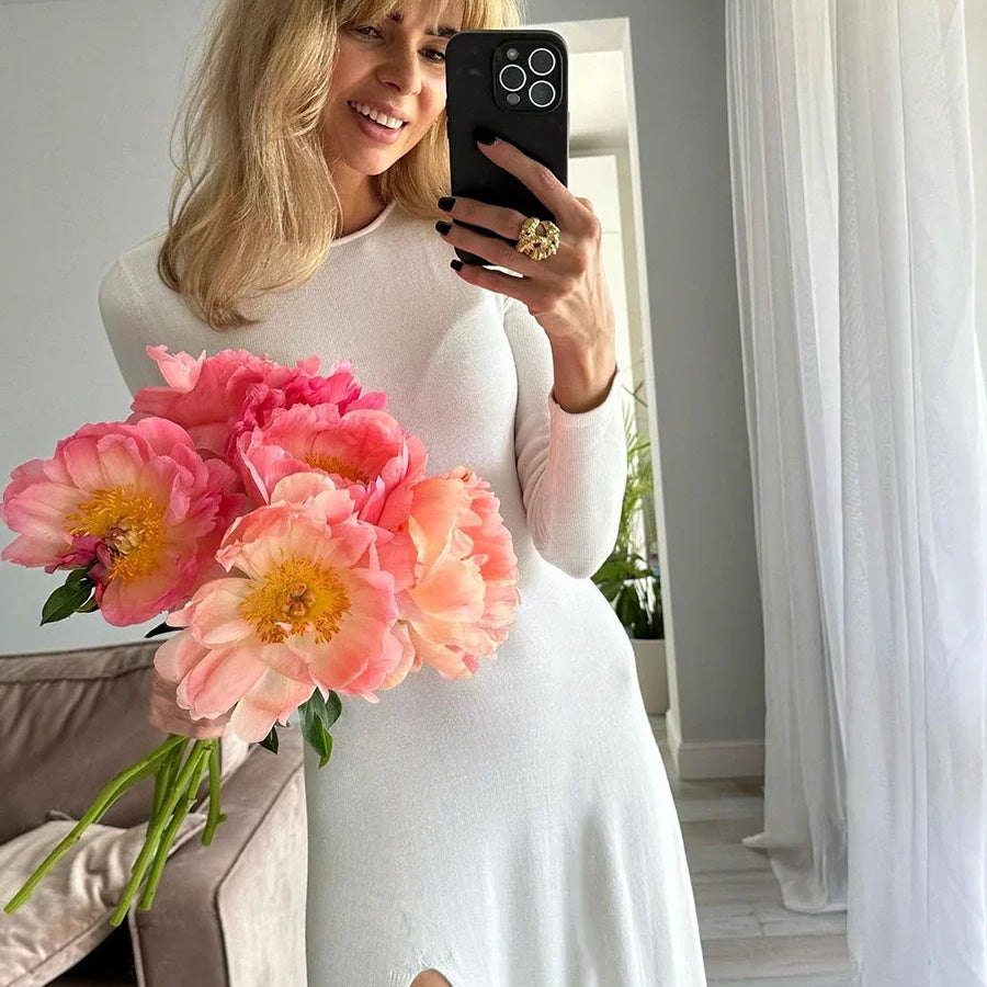 Hirsionsan Sleeveless Autumn Winter Skinny Split Sweater Dresses Women Soft Elegant Solid Knit Dress Female New Clothing Beige longsleeve