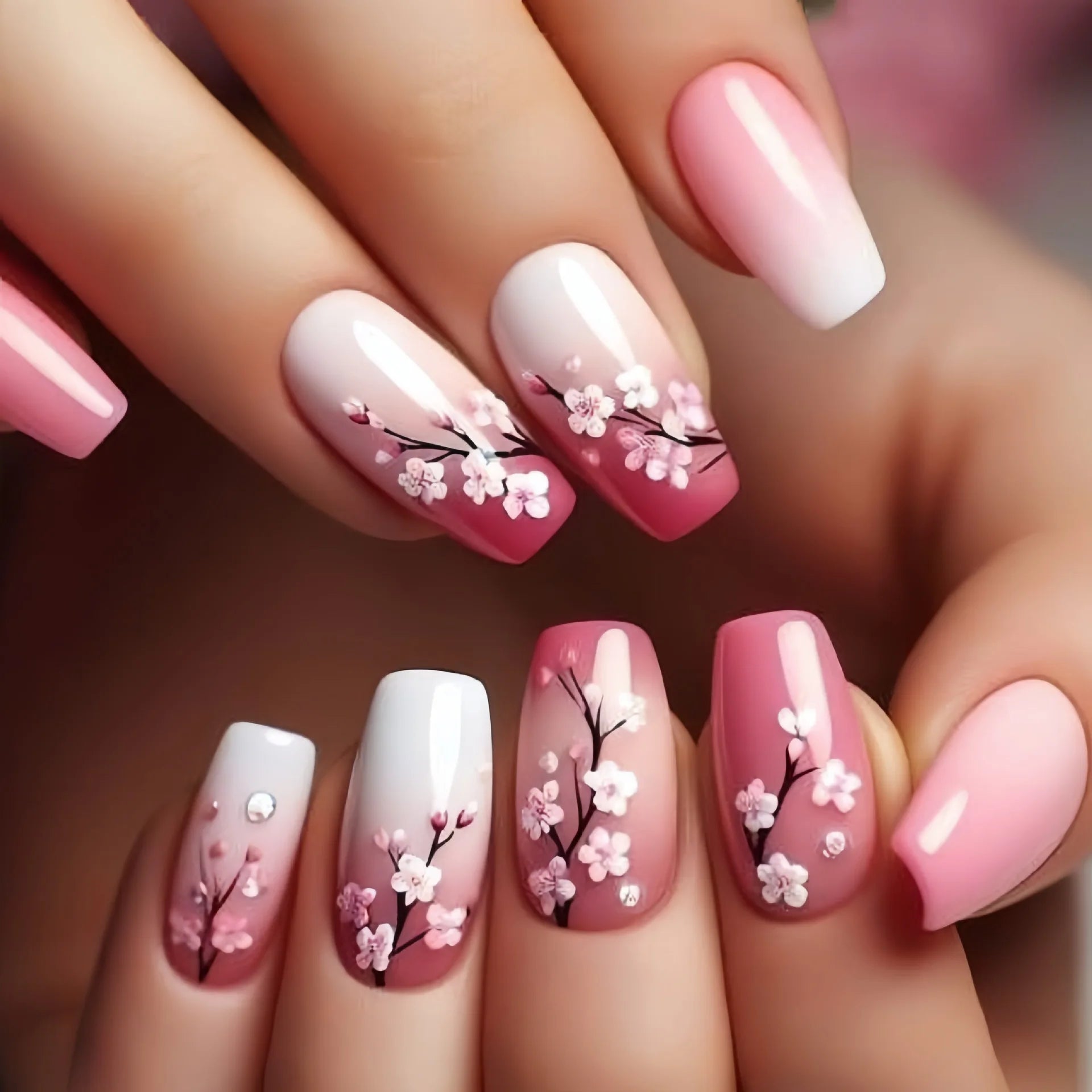 24pcs/set medium long fake nails for Spring summer season beautiful peach flowers butterfly design press on false nail art tips