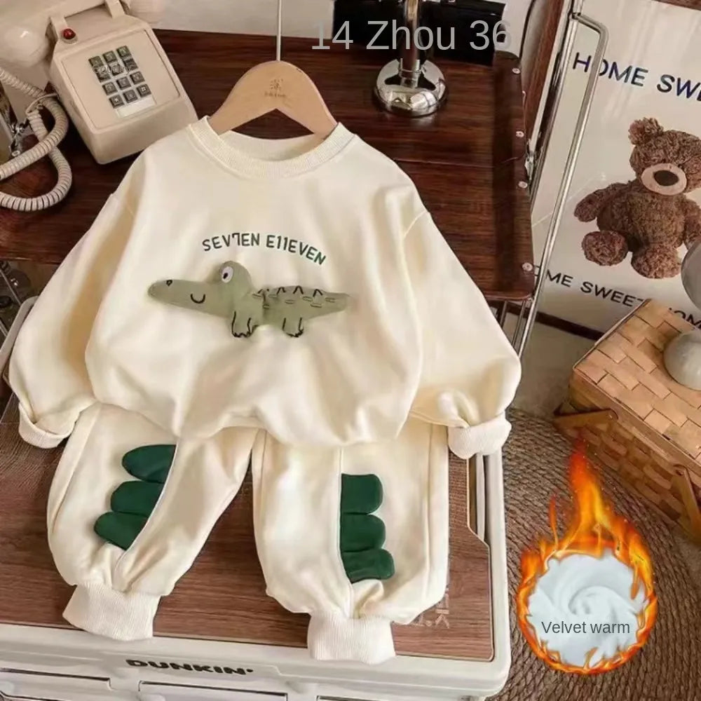 90-130cm Children's Spring Autumn Winter Cotton Set Boys Girls Cartoon Two Piece Set Korean Sweater +Pant Baby Clothes Outfits thick Apricot