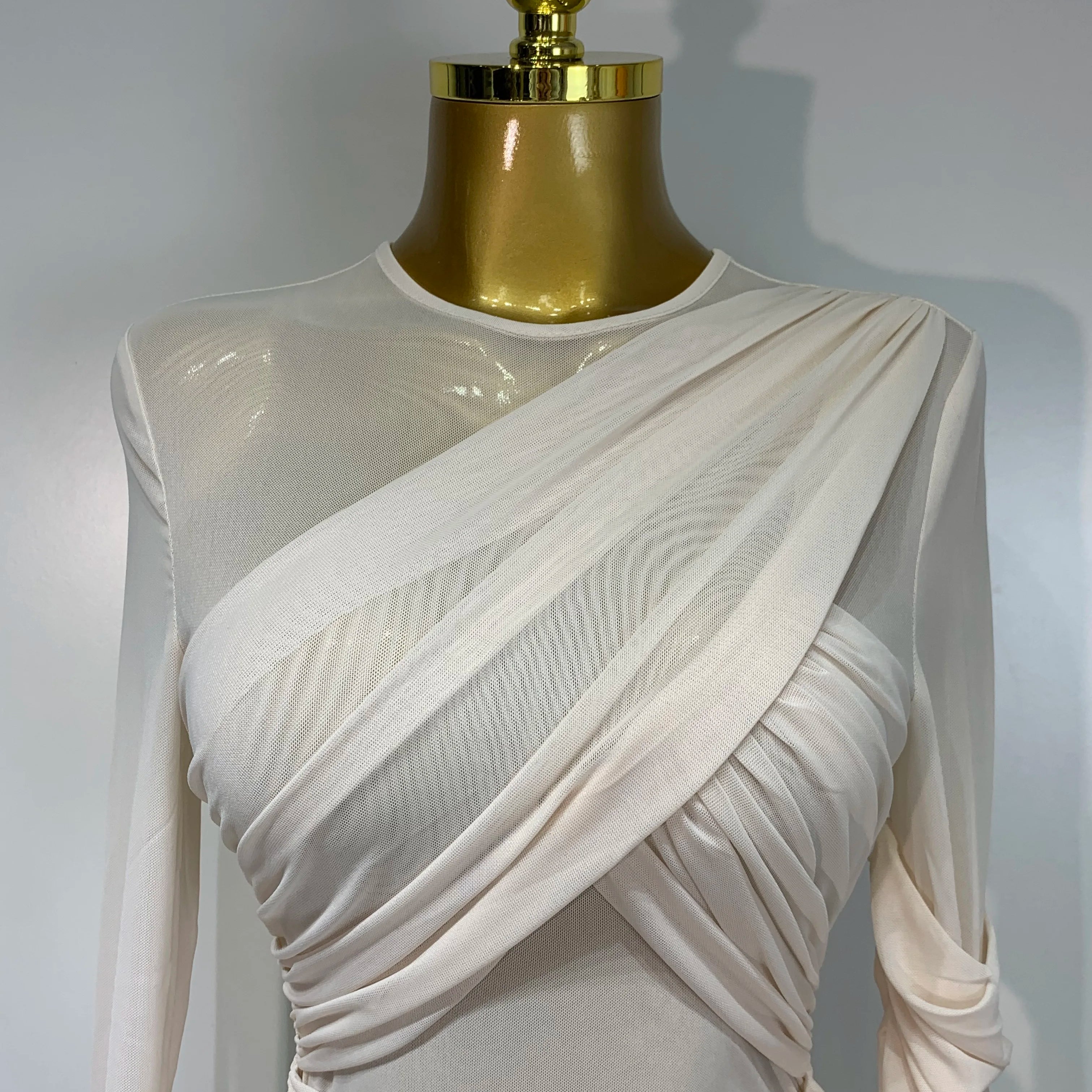 Elegant Mesh Fold Long Sleeve Bodycon Dress Women 2025 Evening Party Club Sexy Perspective Fashion Luxury Birthday Dresses