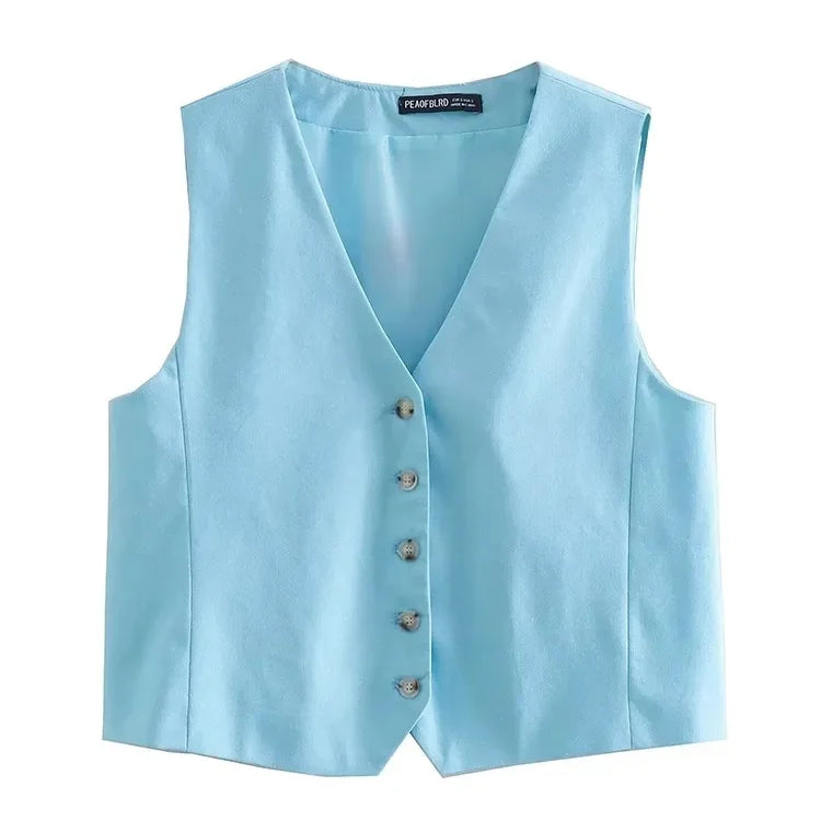 Women Blue Pants 2 Pieces Sets Fashion Linen Vest Tops+Straight Pants Office Suit Vintage Woman Two Pieces Outfit