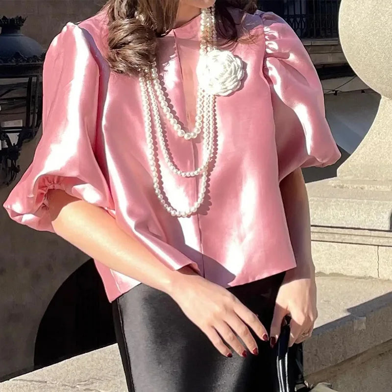 Satin Elegant Shirts Women White Lantern Short Sleeve O-neck Loose Female Blouses Spring Summer Lady Tops Chic Streetwear pink