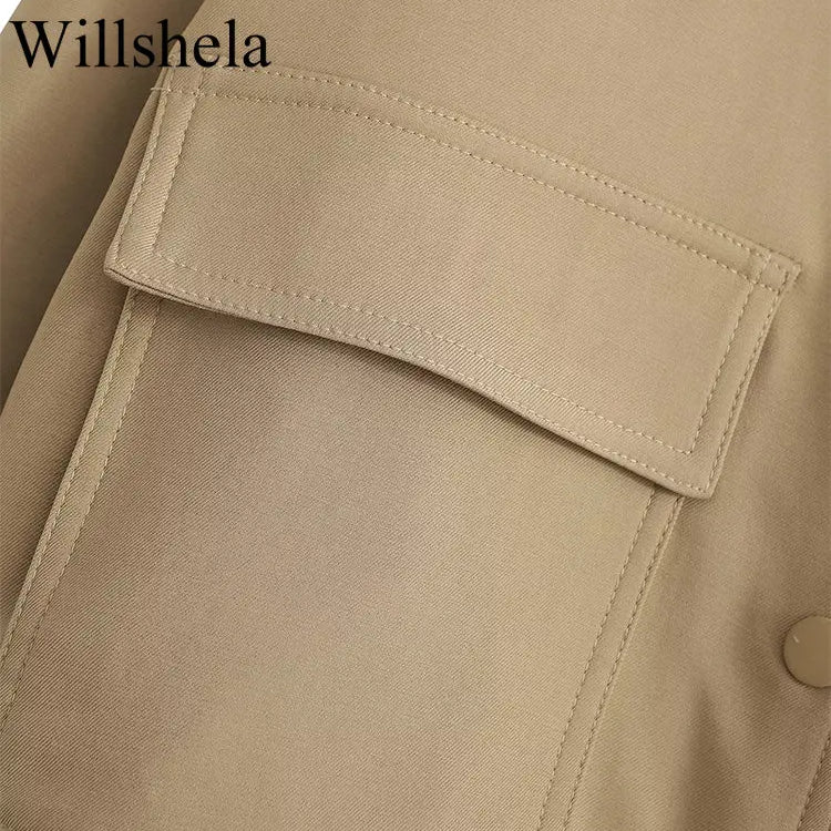 Willshela Women Fashion Solid Bomber Jackets Coat With Pockets V-Neck Single Breasted Long Sleeves Female Chic Lady Outfits