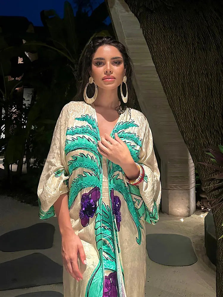 Fashion Spring Print V Neck Contrast Maxi Dress Women Chic Slim Fit Long Sleeve Vestidos Lady Elegant Vacation Streetwear