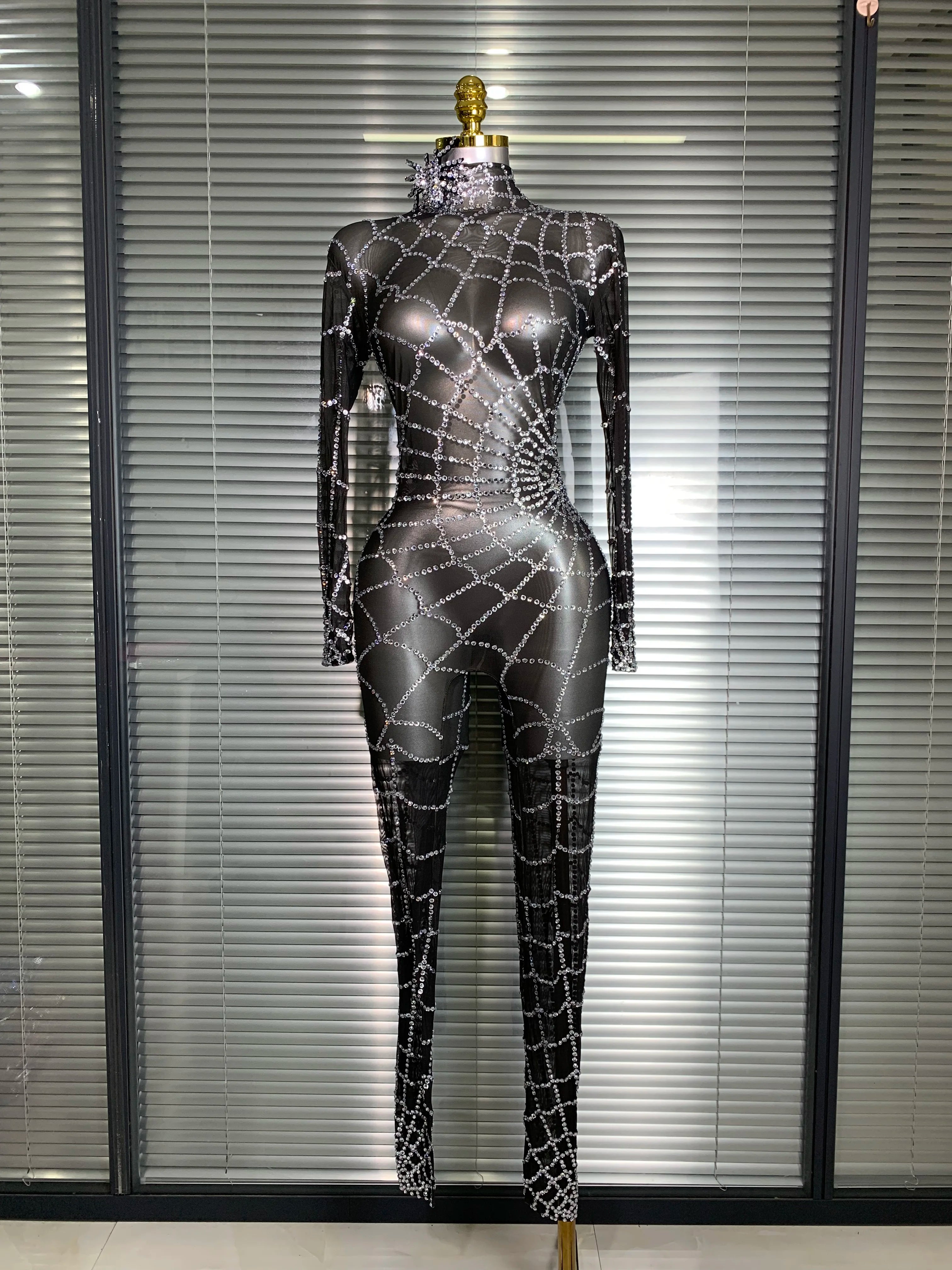 Summer New 2025 Women Sexy Crystal Sheer Black Long Sleeve Bodycon Jumpsuit Celebrity Designer Dancer Night Club Rompers