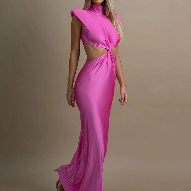 Hollow Out Turtleneck Sexy Maxi Dress For Women Fashion Solid Sleeveless Bodycon Tank Dresses Femme Club Party Dress