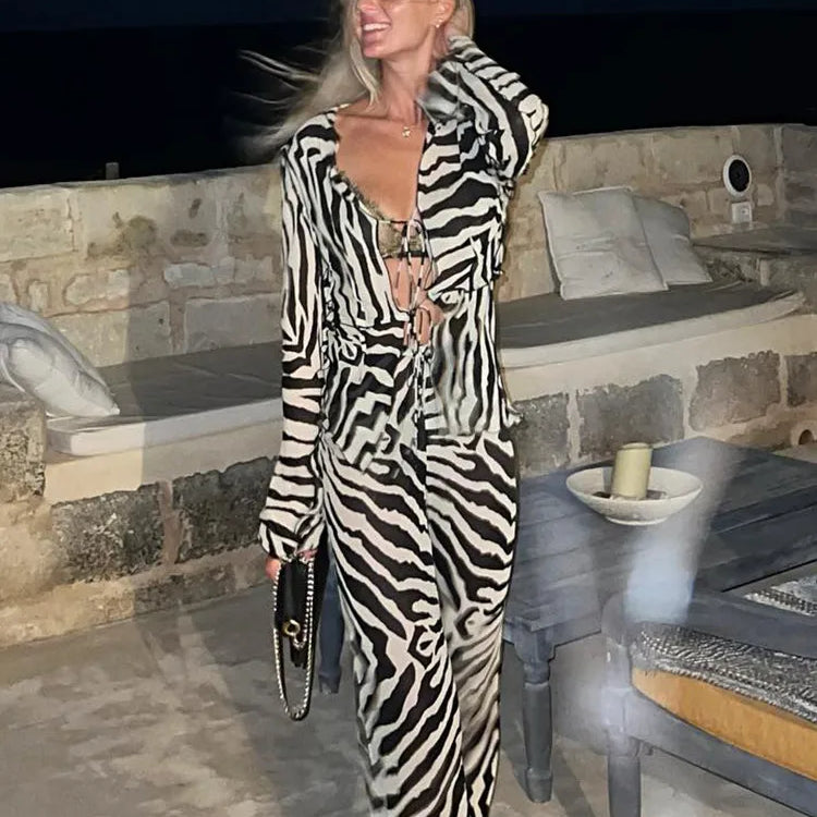 FSDA 2022 Tracksuit Women Print Y2K Long Sleeve Top Shirts Bandage And Pants Sexy Two Piece Set Casual Outfits Party Clubwear