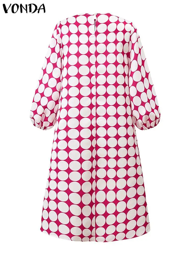 Plus Size Fashion Women Polka Dot Bohemian Dress Casual Printed Midi Sundress Summer Lantern Sleeve Loose Party Robe