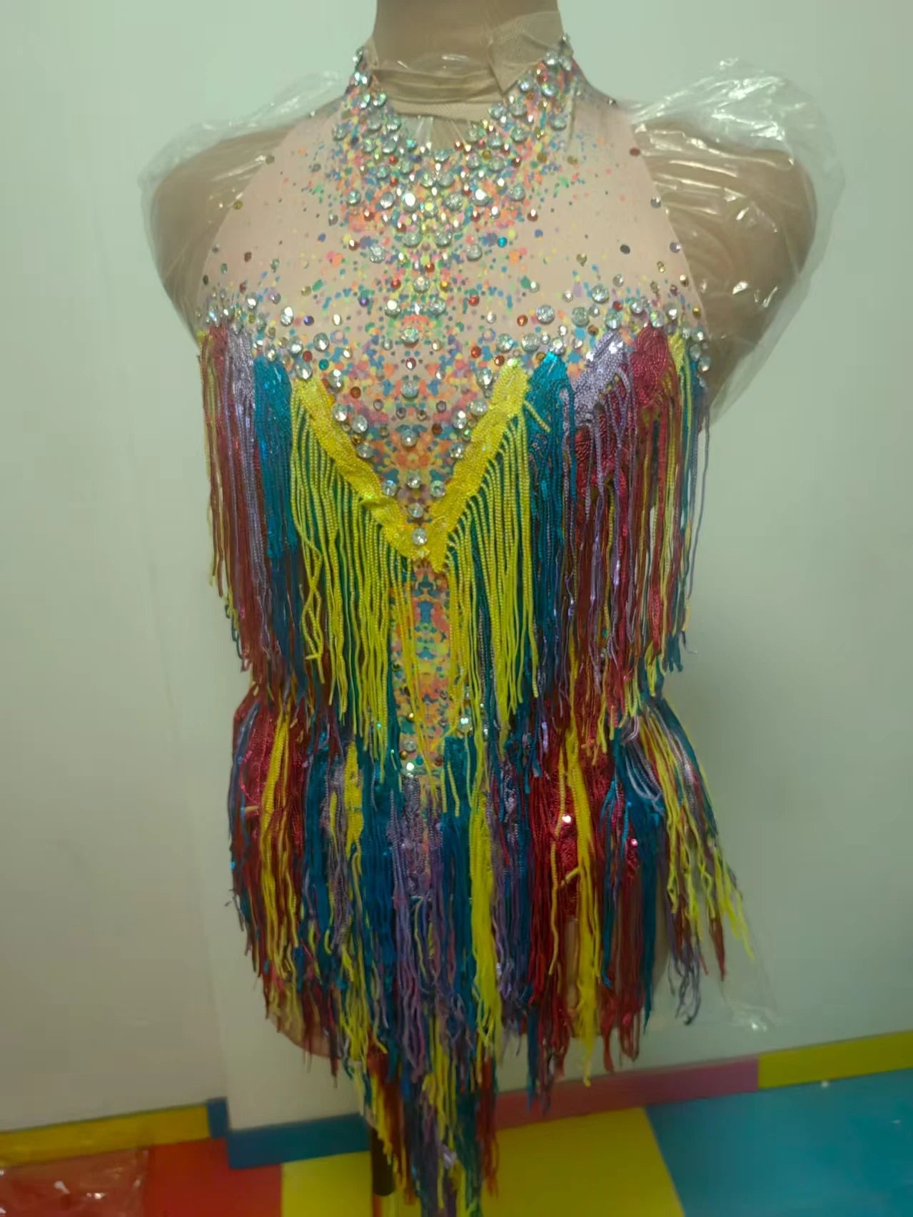 Color Stripe Tassel Tight Fitting Sexy Bodysuit Rhinestone Crystals Fancy Dancer Wear Ladies Latin Dance Team Outfits Xinwucai