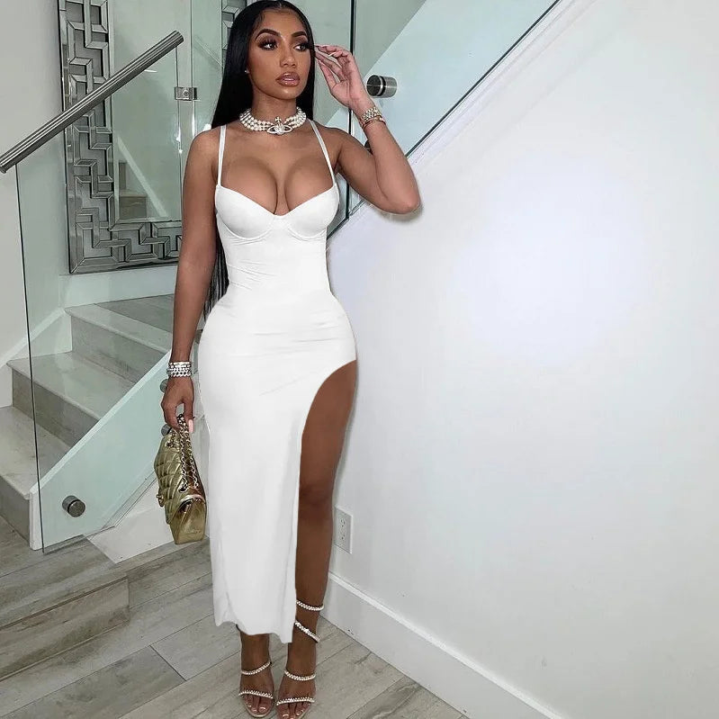 Sexy Side Cut Out Night Party Dresses Women Spaghetti Strap V-neck Backless Slim Bodycon Maxi Dress Elegant Birthday Prom Dress WHITE