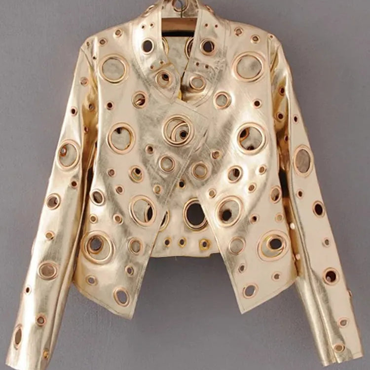 Runway Cut Out Short Faux Leather Jacket Golden Rivet Cool Stylish Designer Clothes Women European American Fashion