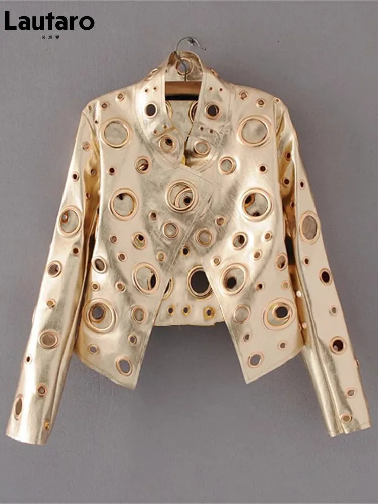 Runway Cut Out Short Faux Leather Jacket Golden Rivet Cool Stylish Designer Clothes Women European American Fashion