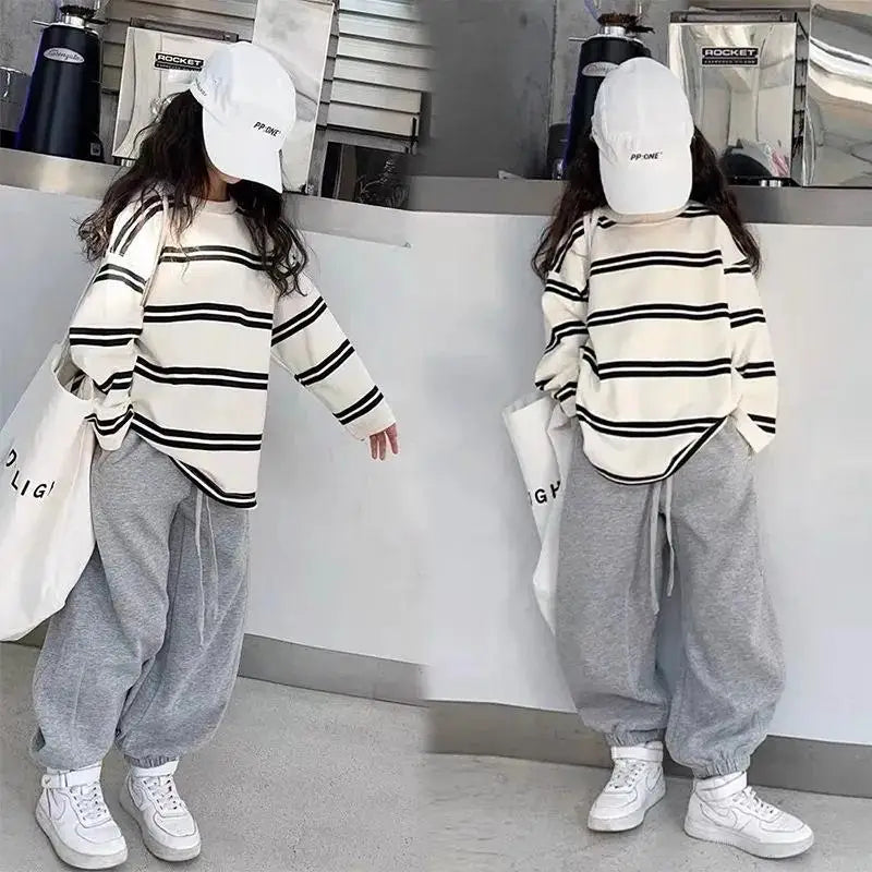 Korea Style Simple Kids Clothes Girl 2Pcs Set Clothing Long Sleeve Striped+Loose Pant Outfits for Teen Girl 6 8 10 12 14Y