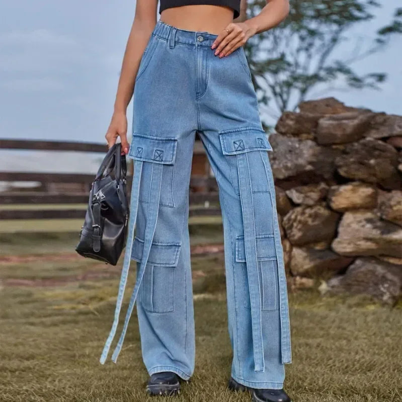 Heavy Work Ribbon Design Denim Work casual pants Women's New Wash Vintage Personalized