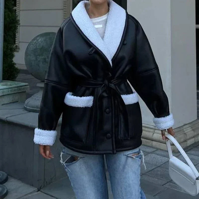 Women Belted Jacket Winter Fur Leather Thick Jackets Fake Shearling Single Breasted Turn-down Collar Belts Coat Female Ouwear BLACK