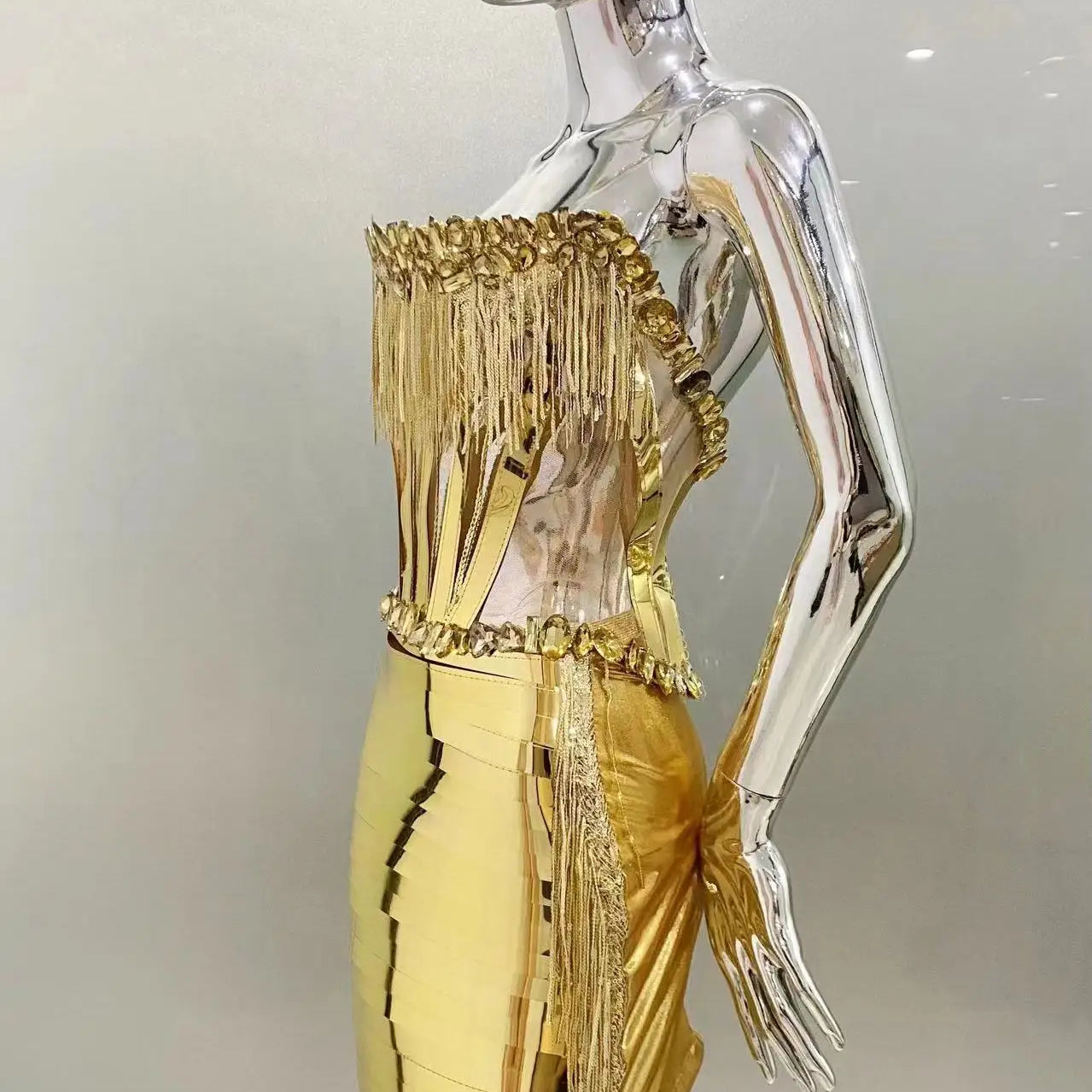 Gold Color Women Sexy Strapless Shinning Crystal 2 Pieces Bodycon Mini Dress Nightclub Party Performance Costume Birthday Dress