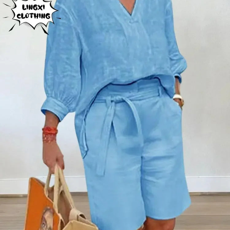 2024 Summer Fashion Plus Size New Matching Collection Women's Shorts Set V-neck Short Sleeves Sports Cotton Linen Two Piece Set