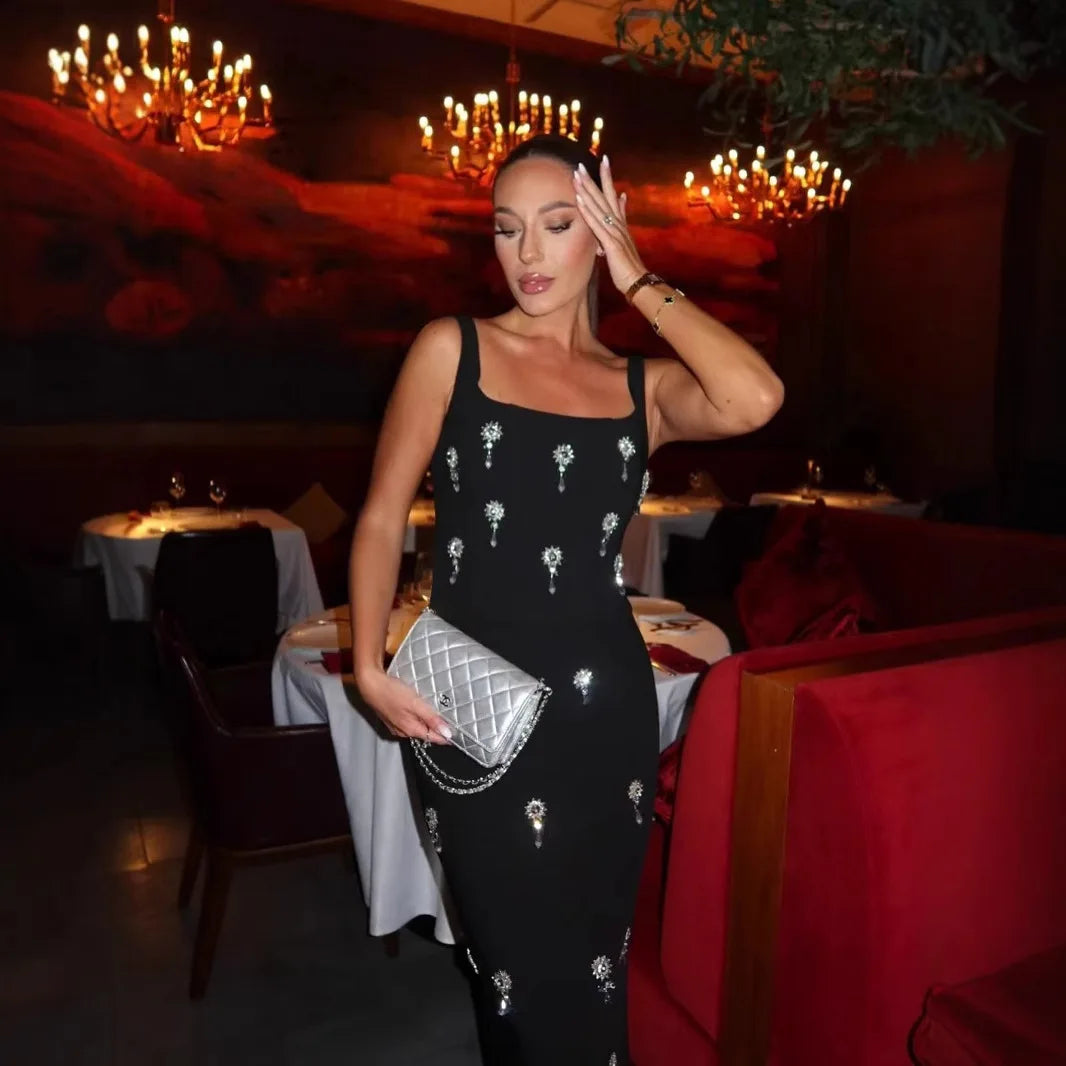 Celebeity Red Carpet Dress Women Sleveless O-Neck Bodycon Long Bandage Dress Shinning Crystal Celebrate Evening Party Dress