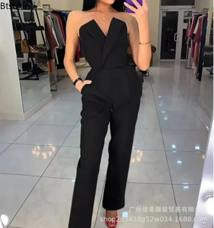 Women's Elegant Jumpsuits Solid Off Shoulder Sexy Club Jumpsuit Female Sleeveless High Waist Slim Wide Leg Jumpsuit Pants