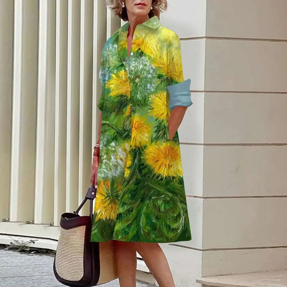 Vestidos de camisa elegantes femininos, moda outono, florais, manga comprida, soltos, linha A, vestidos femininos para escritório, vermelho, verde, lapela