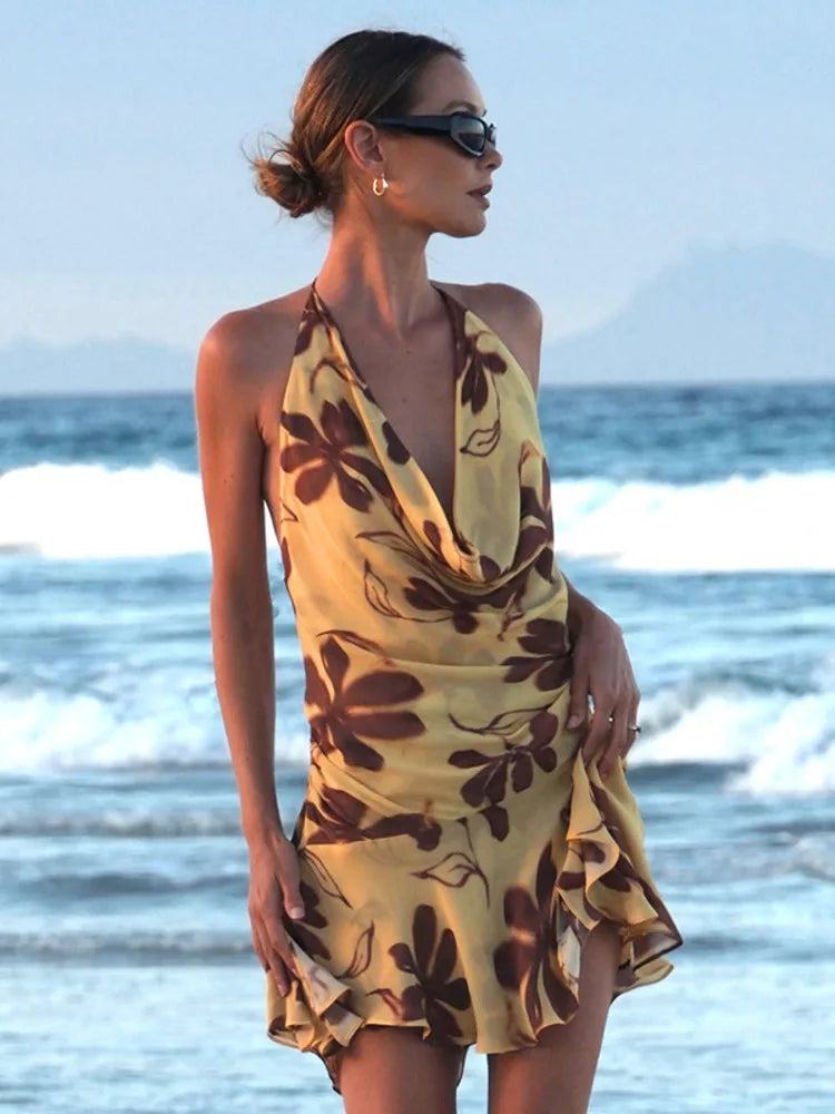 Halter Print Sexy Mini Dress For Women Robe Elegant Deep V Neck Sleeveless Backless Ruffled High Waist Beach Dress