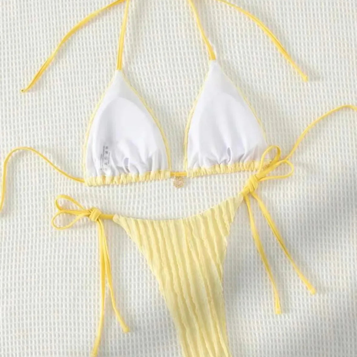 Women yellow micro mini string bikini sets two pieces tie halter thong swimsuit Swimwear bathing suit beach outfits biquini