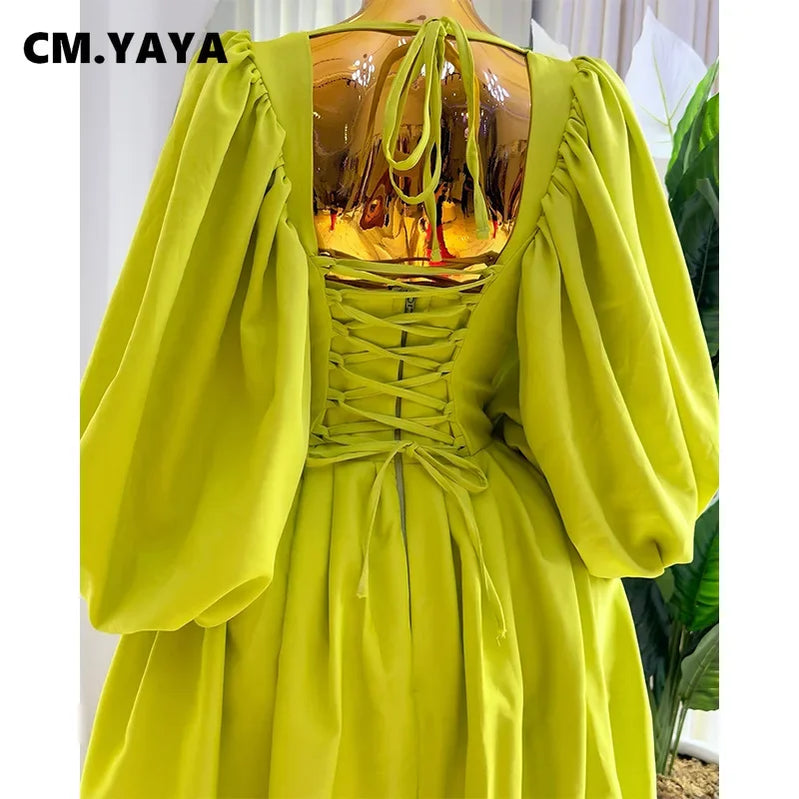 CM.YAYA Women Long Lantern Sleeve Square Collar Big Swing Long Maxi Dress 2024 Fall Birthday Sexy Party Evening Dresses Vestidos