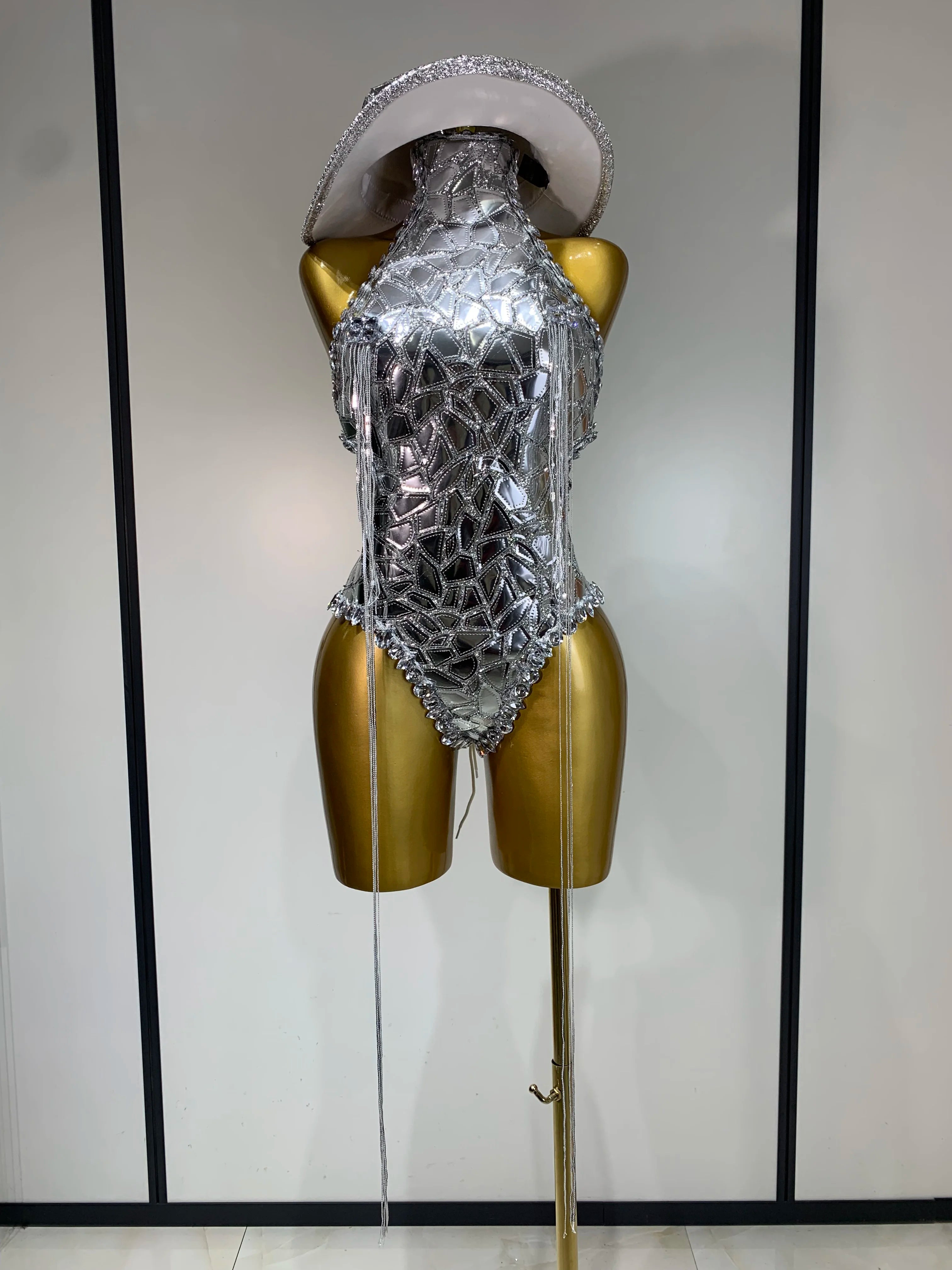 Sprakly Silver Bodysuit Sexy Two Pieces Outfit Dancer Birthday Evening Party Celebrate Performance Singer Stage Perform Outfit