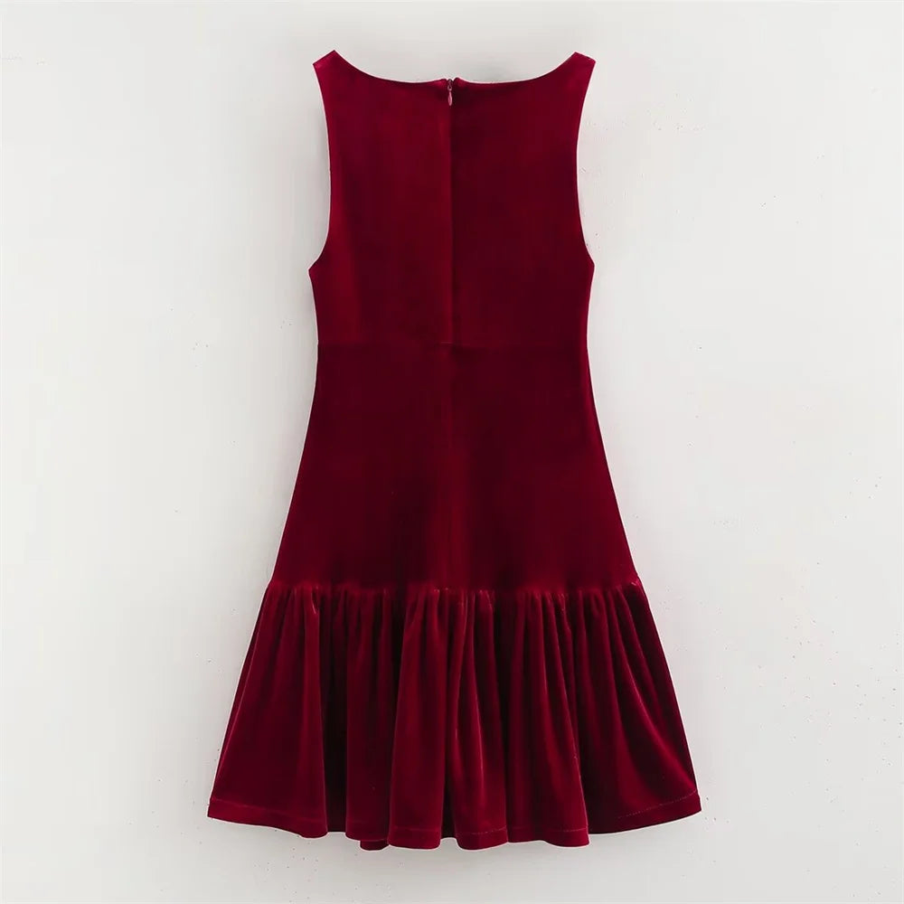 UNIZERA Retro Style Bow Tie Velvet Dress Winter Round Neck Sleeveless Solid Color Slimming Short Skirt