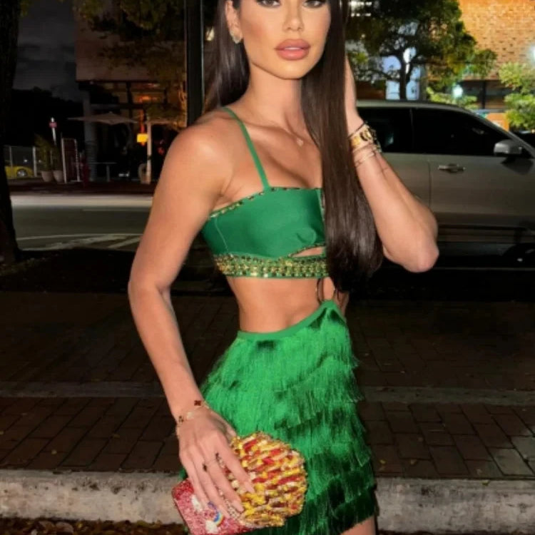 STOCK Stylish Tassel Sexy Hollow Out Spaghetti Strap Mini EvenDress  Summer Holiday Vocation Vestido Music festival Outfit