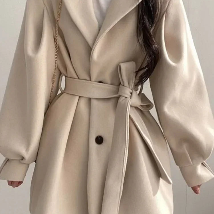 Thick Female Trench Warm Jackets Turn-down Collar Long Puff Sleeve Clothes Autumn Elegant Belt Coat Women Chic Midi Top