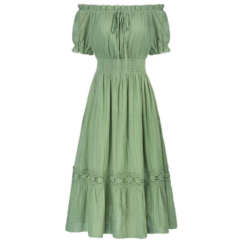 SD Women Renaissance Cotton Dress Summer Short Sleeve Ruffled Off Shoulder Flared A-Line Dress Ruched Slim Fit Fashion Dresses Green