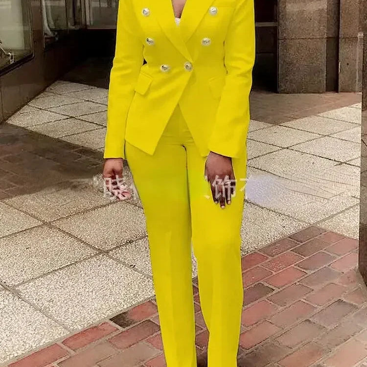 CM.YAYA Elegant Women Double Breasted Blazer Top Suit and Pants OL 2023 Two 2 Piece Set Outfits