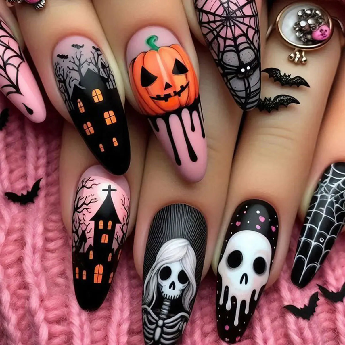 24pcs Mid-length Ballet Fake Nails Art Halloween Pumpkin Spider Design Pink Coffin False Nail Sets Phantom Press on Nails Tips