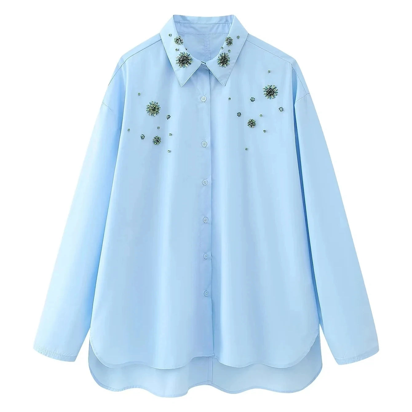 White Shirt Women Rhinestone Button up Shirts for Women Long Sleeve Shirts and Blouses Woman Asymmetric Tops K24121-blue