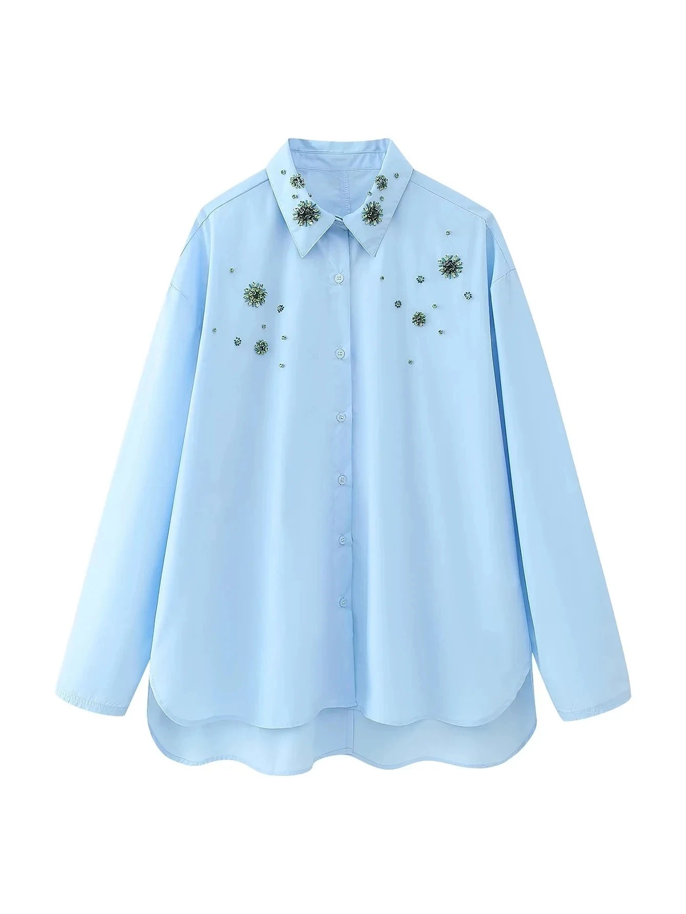 White Shirt Women Rhinestone Button up Shirts for Women Long Sleeve Shirts and Blouses Woman Asymmetric Tops K24121-blue