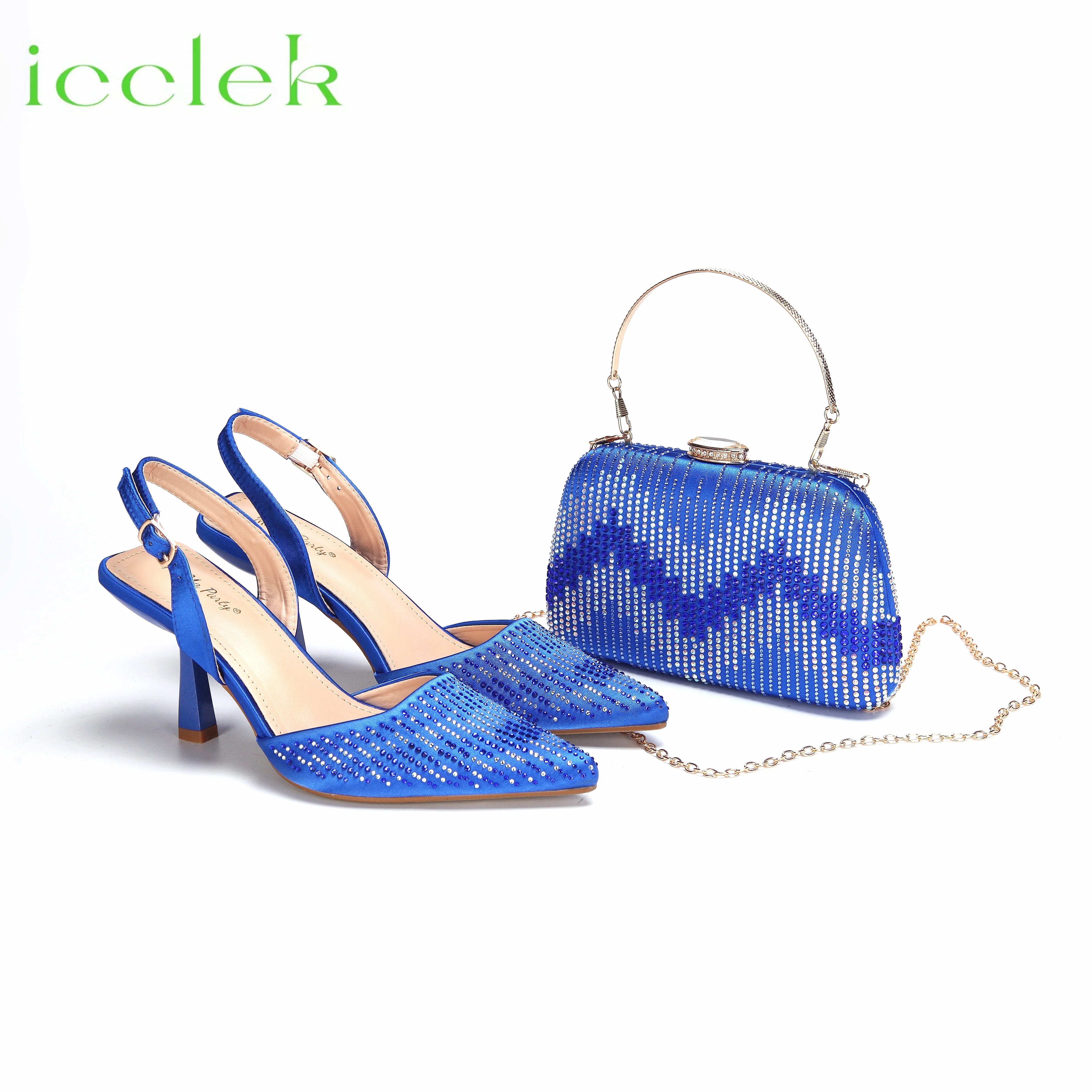 Orange Color Pointed Toe Decorated with Bling Bling Rhinestones Design Ladies Shoes Matching Bag Set For Party Royal Blue