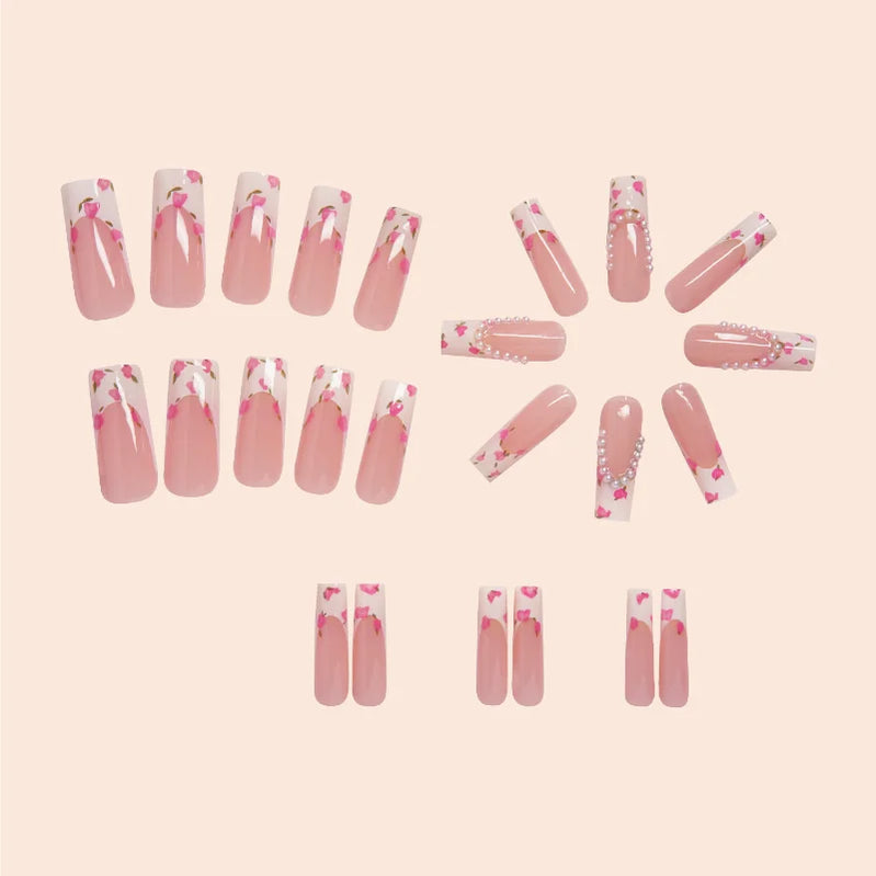 24Pcs Elegant Ballet Press-On Square Nails Pink French Tips with Delicate Floral &Pearl Accents Perfect for Spring Occasions