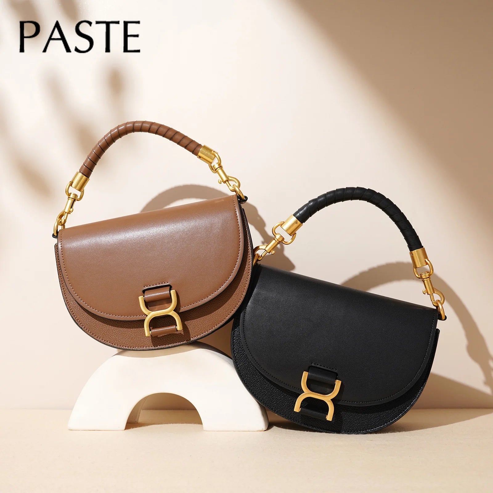 Vintage Half Moon Round Shape Saddle Bag Small Hard Cow Leather Women Messenger Bag Handmade Weave Handle Handbag