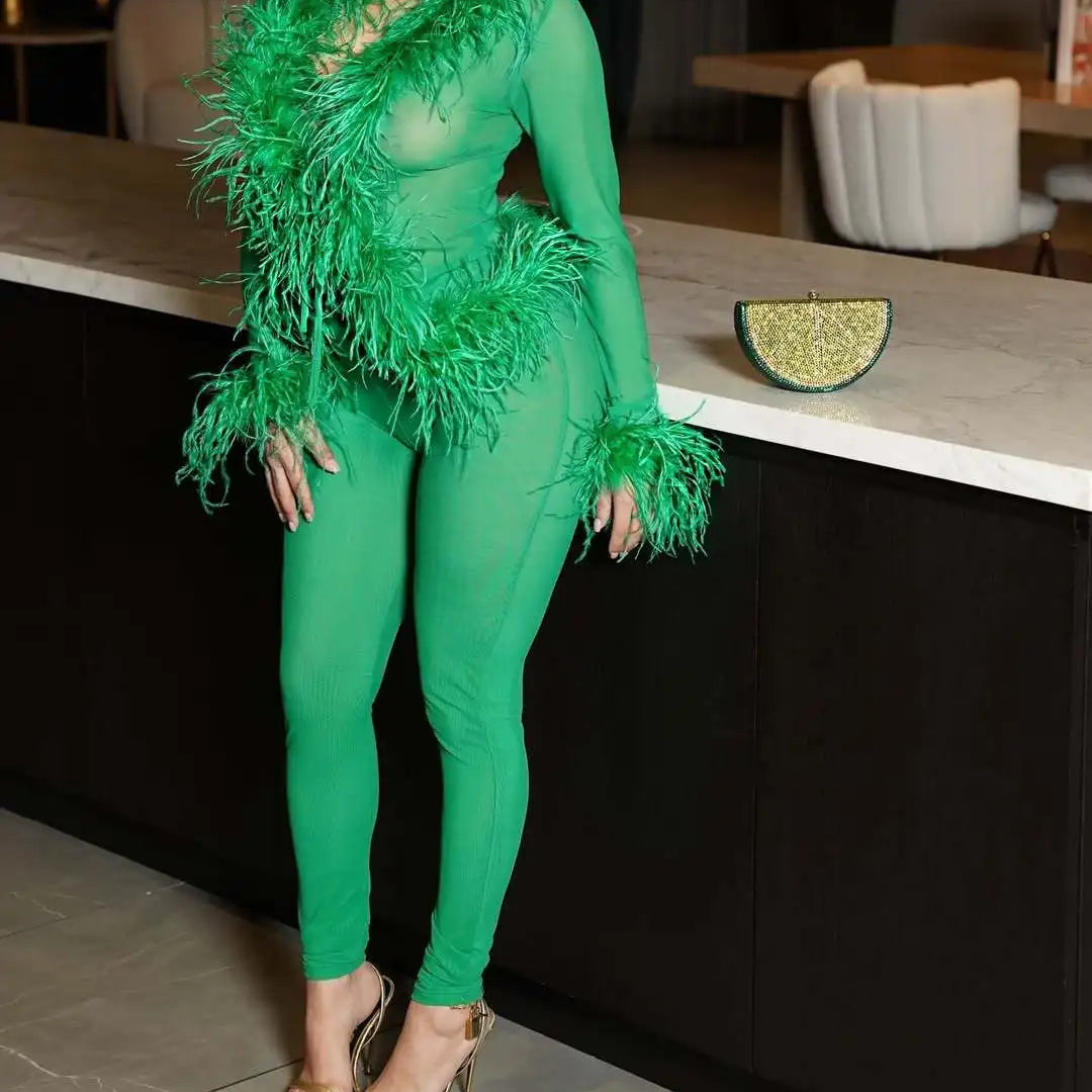 CM.YAYA Fashion Mesh See Though Women's Set Feather Side Long Sleeve Crop Top and Legging Pants 2025 Sexy Two 2Piece Sets Outfit