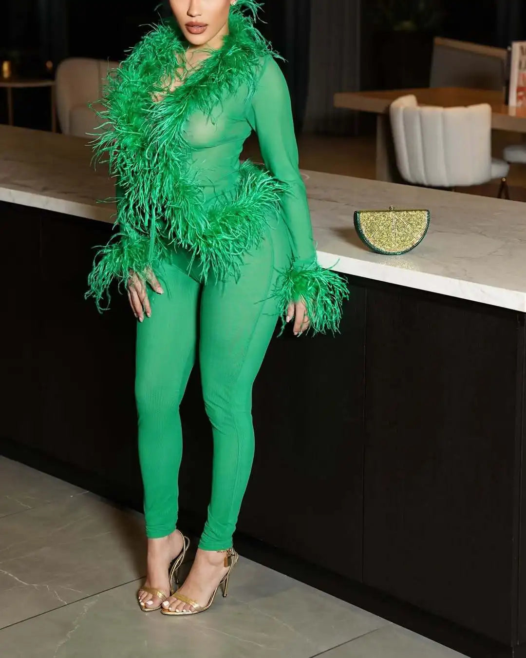 CM.YAYA Fashion Mesh See Though Women's Set Feather Side Long Sleeve Crop Top and Legging Pants 2025 Sexy Two 2Piece Sets Outfit