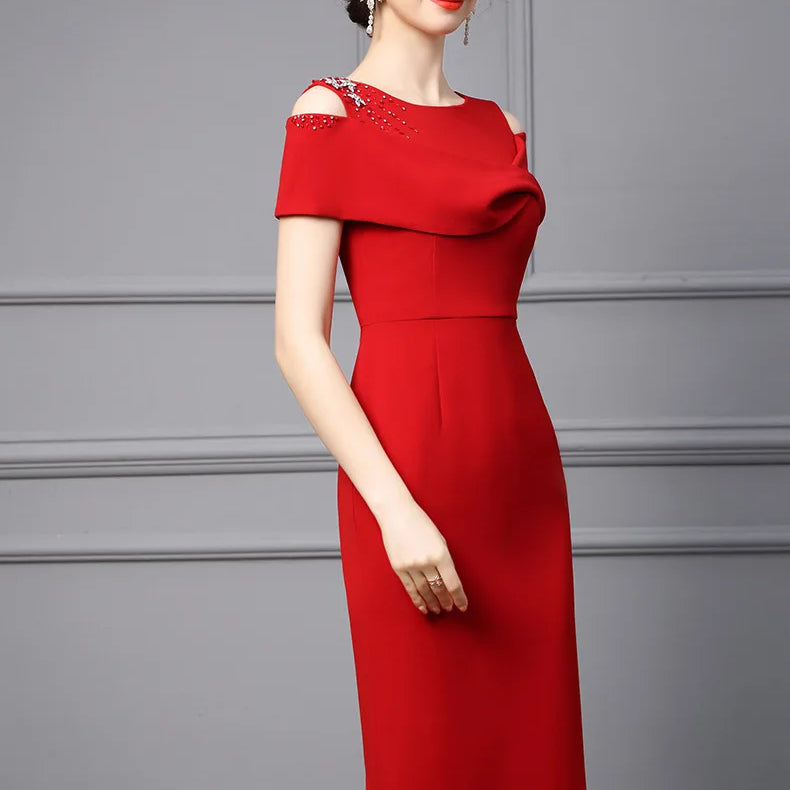 Beading Diamond Red Party Dresses for Women Elegant Luxury Evening Prom Vestidos Robe Summer Cocktail Off The Shoulder