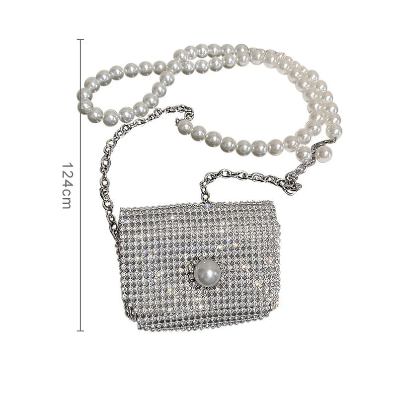 Fashion Rhinestones Pearl Chain Belt Cute Mini Bags for Women Quality Long Tassel Belt Bag Shoulder Messenger Bag